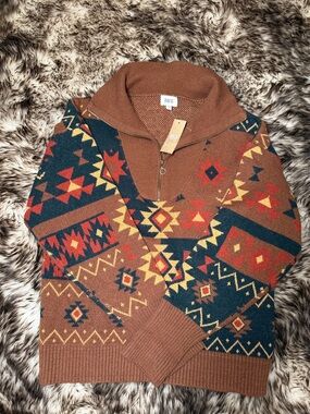 BKE Men's Brown Aztec Pattern Zip-Up Shawl Collar Sweater